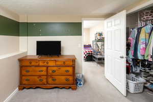 Carpeted bedroom with a textured ceiling and a closet