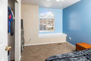 Bedroom with carpet and ceiling fan