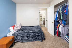 Bedroom with carpet flooring and a closet