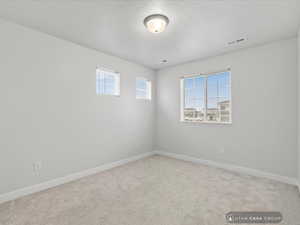 Carpeted empty room with a textured ceiling