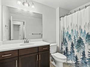 Bathroom with walk in shower, vanity, a textured ceiling, and toilet