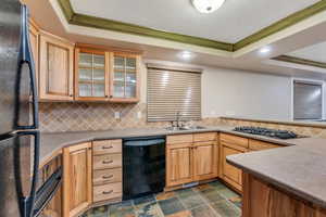 Basement kitchen has tray ceilings and lots of counter space