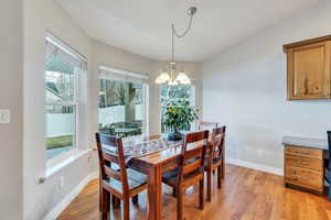 Dining area has bay window overlooking backyard