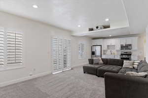 Living room with light colored carpet and sink