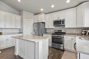 Kitchen with appliances with stainless steel finishes, vaulted ceiling, dark wood-type flooring, white cabinetry, and a kitchen island