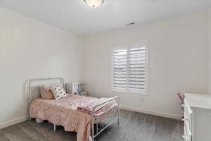 Bedroom with dark colored carpet