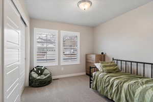 Bedroom featuring carpet flooring and a closet