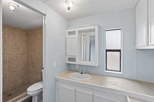 Bathroom with a tile shower, plenty of natural light, vanity, and toilet