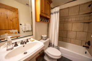 Full bathroom with sink, shower / bath combination with curtain, and toilet