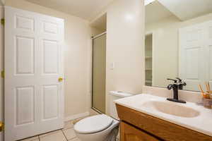 Bathroom featuring tile patterned floors, vanity, and toilet