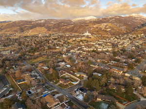 Aerial view at dusk with a mountain view