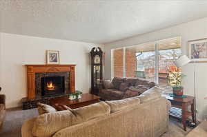 Carpeted living room with a premium fireplace and a textured ceiling