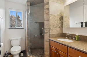 Bathroom with vanity, toilet, and walk in shower