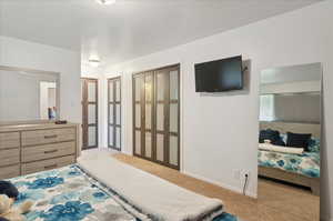 Bedroom featuring light colored carpet