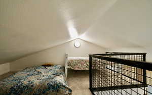 Bedroom with lofted ceiling, carpet floors, and a textured ceiling