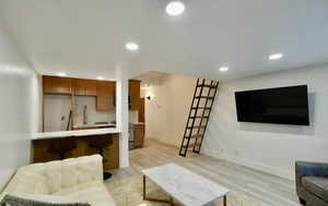 Living room featuring light wood-type flooring and sink