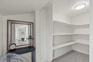 Primary bedroom walk in closet featuring extensive shelving and hanging rods