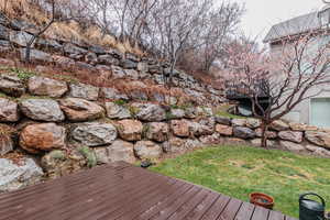 Wooden deck featuring a yard