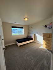 Unfurnished bedroom with dark colored carpet