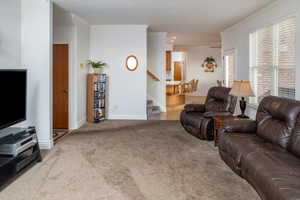 Living room with carpet flooring and ornamental molding