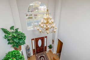 Entryway featuring a high ceiling and light hardwood / wood-style flooring