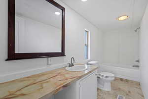 Full bathroom featuring vanity, toilet, and shower / tub combination