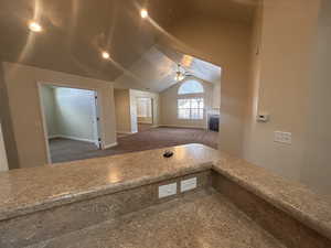 Additional living space featuring dark colored carpet, ceiling fan, and lofted ceiling