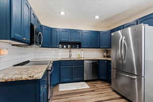 Kitchen with sink, light wood-type flooring, blue cabinetry, and appliances with stainless steel finishes