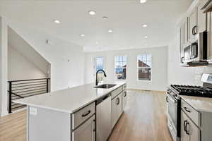 Kitchen featuring gray cabinetry, a center island with sink, sink, decorative backsplash, and stainless steel appliances