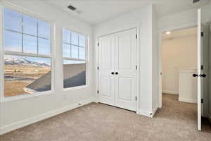 Unfurnished bedroom with a mountain view, light colored carpet, and a closet