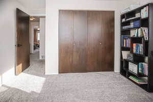 Bedroom with carpet floors and a closet