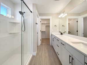 Bathroom featuring hardwood / wood-style floors, vanity, and walk in shower