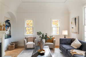 Living room featuring light hardwood / wood-style floors and lofted ceiling