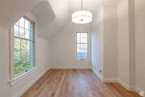 Bonus room with light wood-type flooring, a wealth of natural light, and lofted ceiling