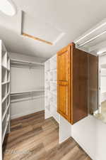 Walk in closet with hardwood / wood-style flooring