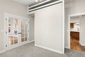 Carpeted empty room featuring sink and french doors