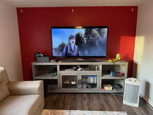 Home theater room with hardwood / wood-style flooring and a textured ceiling