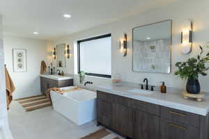 Bathroom featuring vanity and shower with separate bathtub