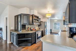 Kitchen with appliances with stainless steel finishes, dark hardwood / wood-style flooring, tasteful backsplash, and pendant lighting