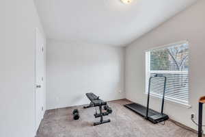 Exercise area featuring light colored carpet and vaulted ceiling