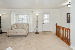 Carpeted living room with plenty of natural light and crown molding