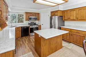 Kitchen featuring sink, a center island, light hardwood / wood-style flooring, appliances with stainless steel finishes, and ornamental molding