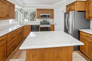 Kitchen featuring ornamental molding, stainless steel appliances, sink, a center island, and light hardwood / wood-style floors