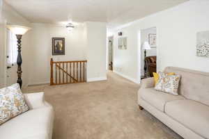 Living room with crown molding, light carpet, and a textured ceiling