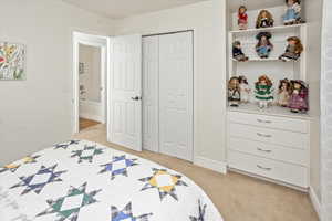 Carpeted bedroom featuring a closet