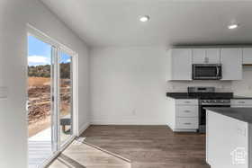 Kitchen with stainless steel appliances, white cabinetry, and dark wood-type flooring