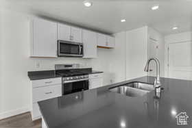 Kitchen featuring sink, white cabinets, dark hardwood / wood-style floors, and appliances with stainless steel finishes