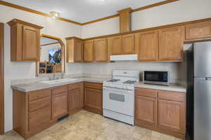 Kitchen with ornamental molding, sink, and appliances with stainless steel finishes