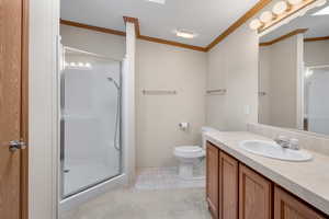 Bathroom featuring vanity, ornamental molding, and a shower with door