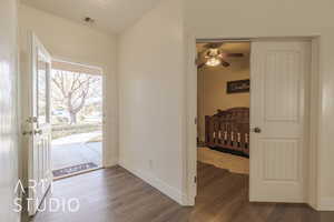 Entrance foyer with ceiling fan and dark hardwood / wood-style floors